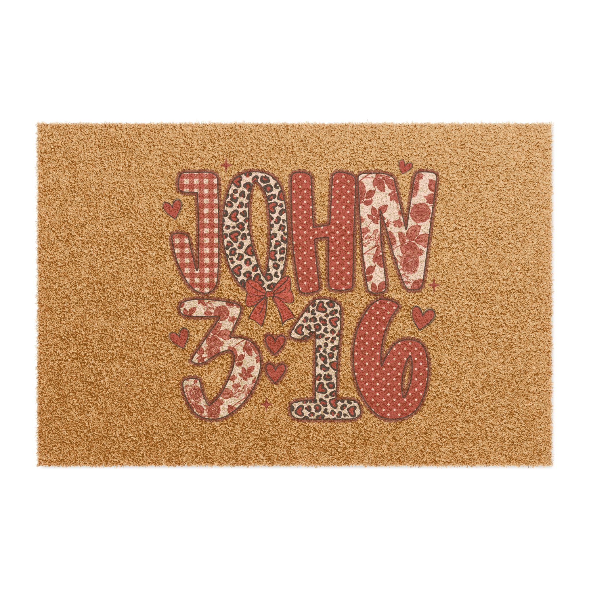 John 3:16 Doormat – Religious Scripture Welcome Mat with Heart & Leopard Print Design