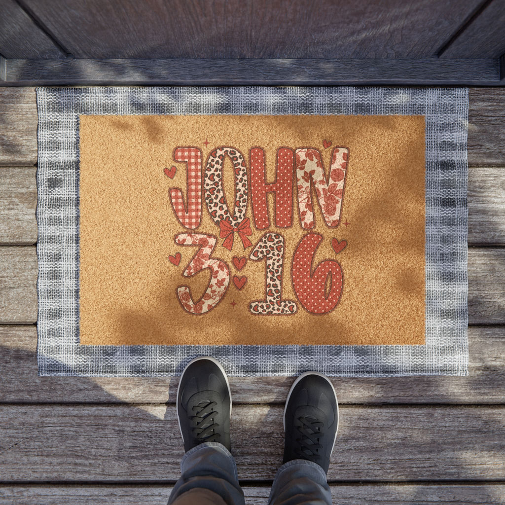 John 3:16 Doormat – Religious Scripture Welcome Mat with Heart & Leopard Print Design