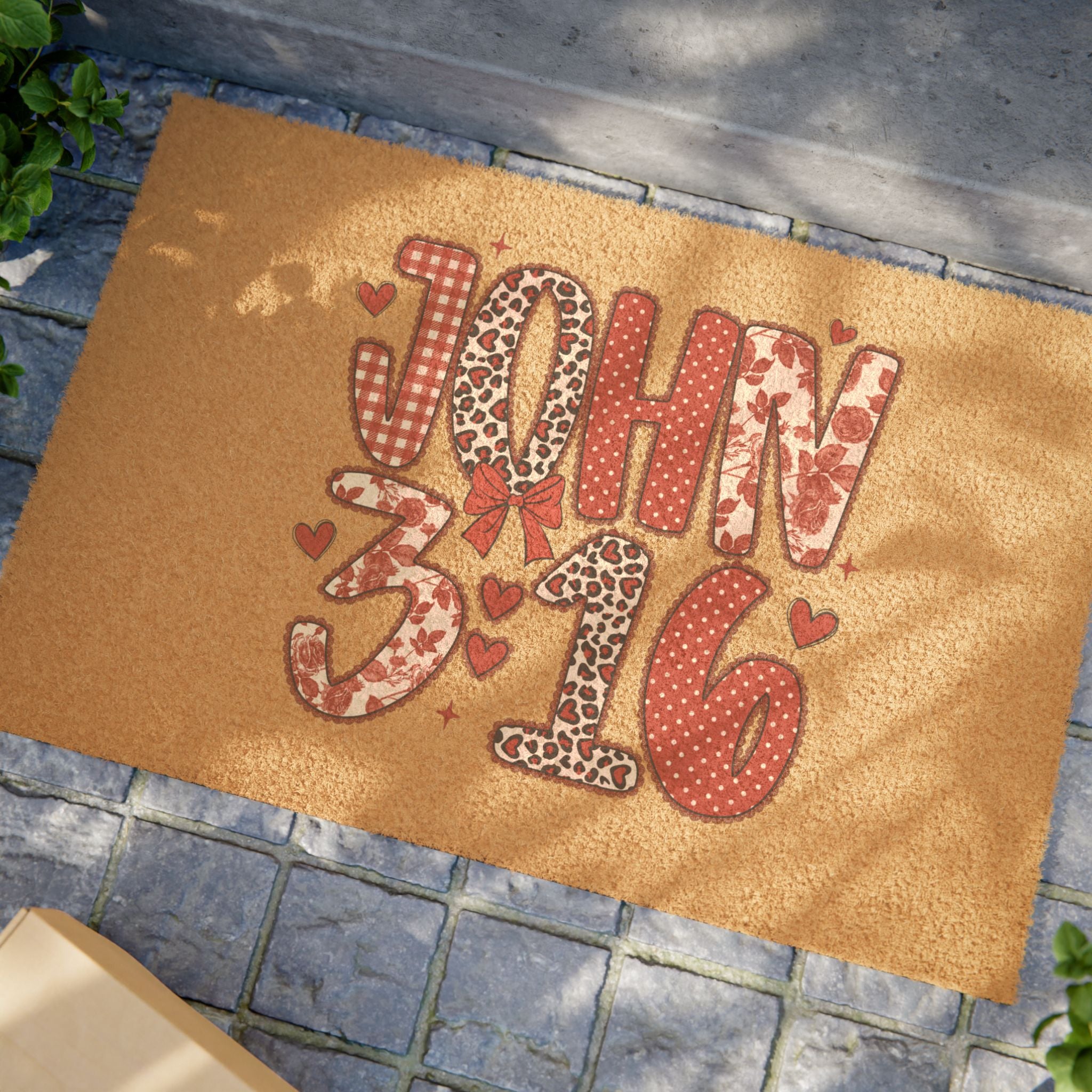 John 3:16 Doormat – Religious Scripture Welcome Mat with Heart & Leopard Print Design